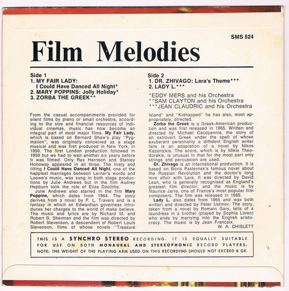 Eddy Mers And His Orchestra / Sam Clayton And His Orchestra* / Jean Claudric And His Orchestra* : Film Melodies (7", EP)