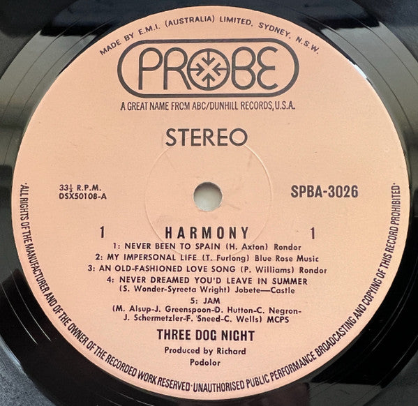 Three Dog Night : Harmony (LP, Album)