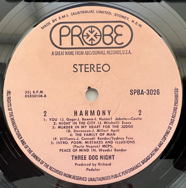 Three Dog Night : Harmony (LP, Album)