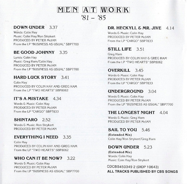 Men At Work : '81 - '85 (CD, Comp, RP)