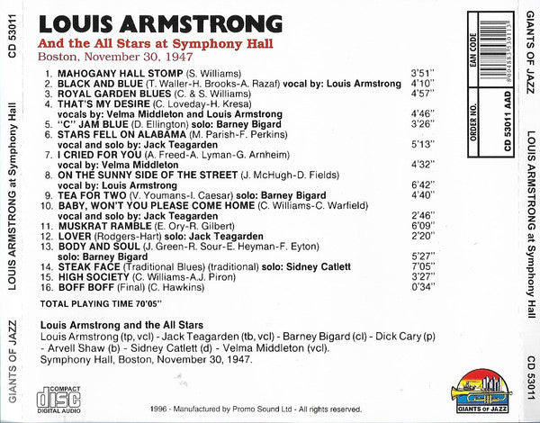 Louis Armstrong And His All-Stars : Louis Armstrong And The All Stars At Symphony Hall (CD, Album, RE)