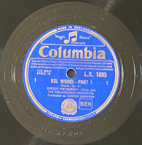 Gregor Piatigorsky with The Philadelphia Orchestra, Eugene Ormandy - Max Bruch : Kol Nidrei - Adagio For 'Cello And Orchestra, Op. 47 (Shellac, 12")