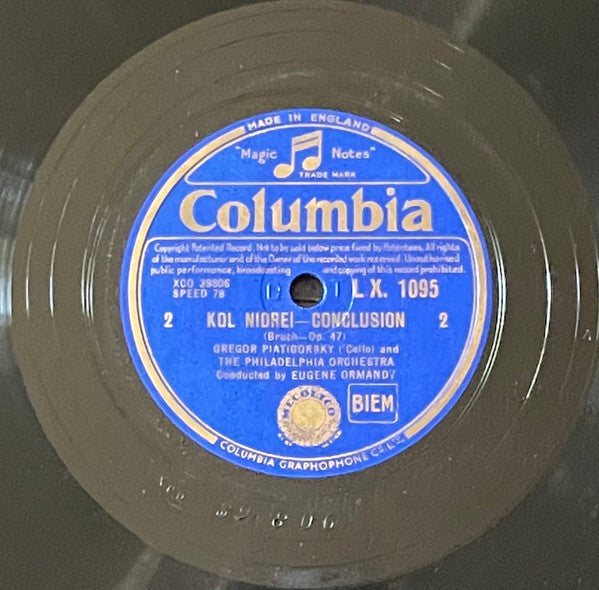 Gregor Piatigorsky with The Philadelphia Orchestra, Eugene Ormandy - Max Bruch : Kol Nidrei - Adagio For 'Cello And Orchestra, Op. 47 (Shellac, 12")