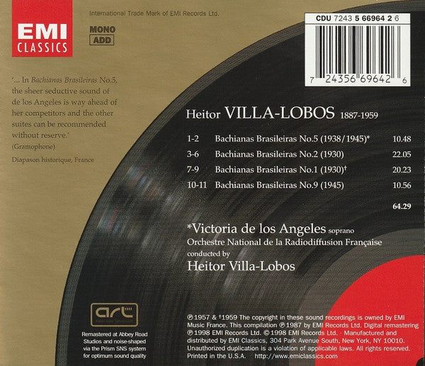 Heitor Villa-Lobos – Victoria De Los Angeles • Heitor Villa-Lobos / Orchestre National De France : Bachianas Brasileiras Nos. 1, 2, 5, & 9 (CD, Comp, Mono, RE, RM, ART)