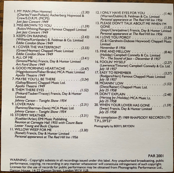 Billie Holiday : In Person, In Concert (CD, Comp)