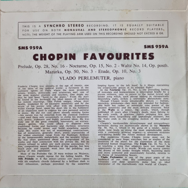 Frédéric Chopin - Vlado Perlemuter : Chopin Favourites (7", RE, Syn)