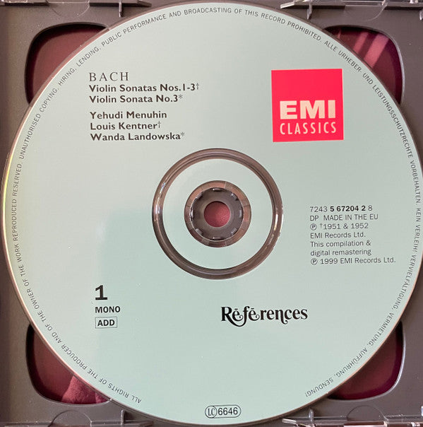 Bach*, Yehudi Menuhin, Louis Kentner, Wanda Landowska : Violin Sonatas (2xCD, Comp, Mono, RM)