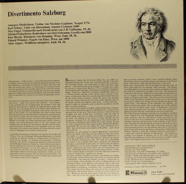 Ludwig van Beethoven, Divertimento Salzburg : Septett In Es-Dur Op. 20  (LP, Gat)