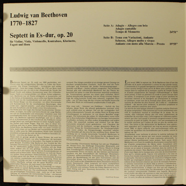 Ludwig van Beethoven, Divertimento Salzburg : Septett In Es-Dur Op. 20  (LP, Gat)