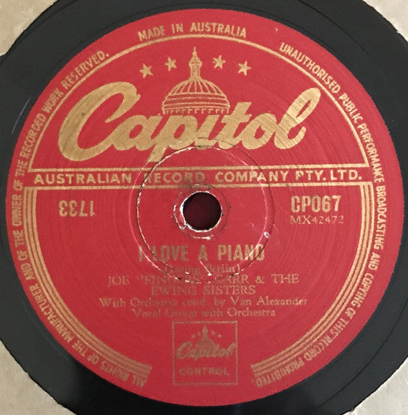 Joe "Fingers" Carr & The Ewing Sisters : I Love A Piano / Down Yonder (Shellac, 10")