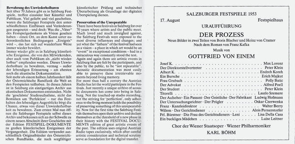 Gottfried von Einem - Lisa Della Casa, Max Lorenz (2), Ludwig Hofmann, Walter Berry, Alfred Poell, Wiener Philharmoniker, Karl Böhm : Der Prozess (2xCD, Album, Mono, RM)