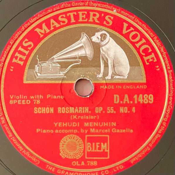 Yehudi Menuhin : Schön Rosmarin, Op. 55, No. 4 / Tambourin Chinois, Op. 3 (Shellac, 10", RP, DT)