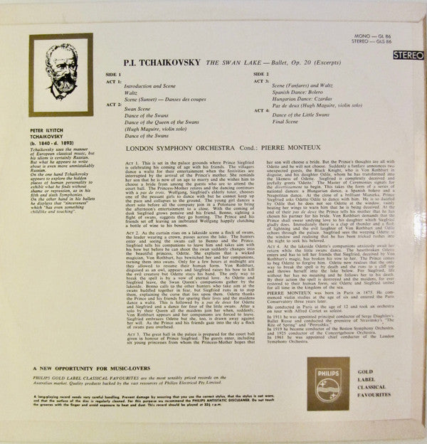 Pyotr Ilyich Tchaikovsky, Pierre Monteux Cond. London Symphony Orchestra : The Swan Lake - Ballet, Op.20 (LP)