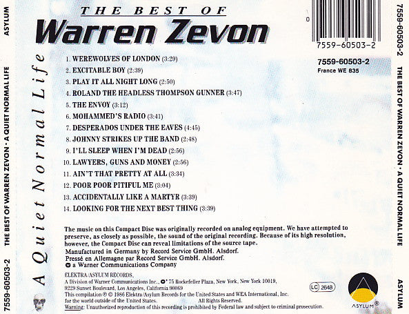 Warren Zevon : A Quiet Normal Life: The Best Of Warren Zevon (CD, Comp, RE)