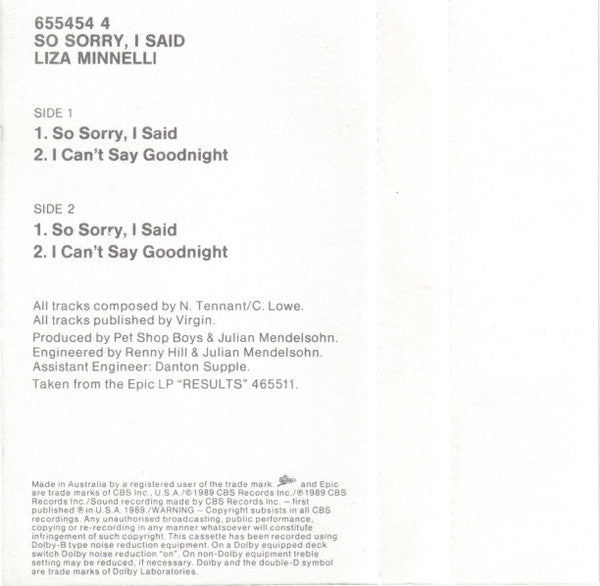 Liza Minnelli : So Sorry, I Said (Cass, Single)