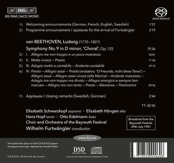 Ludwig van Beethoven / Elisabeth Schwarzkopf, Elisabeth Höngen, Hans Hopf, Otto Edelmann, Chor der Bayreuther Festspiele And Orchester der Bayreuther Festspiele, Wilhelm Furtwängler : Symphonie No. 9 (SACD, Hybrid, Multichannel, Album, Mono, RE, DSD)