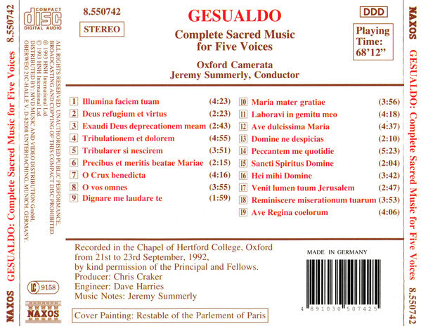 Gesualdo* - Oxford Camerata, Jeremy Summerly : Complete Sacred Music For Five Voices (CD)