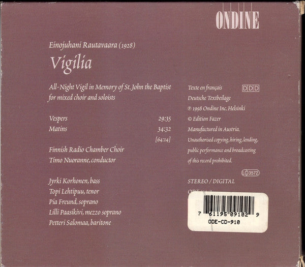 Einojuhani Rautavaara, Radion Kamarikuoro, Timo Nuoranne : Vigilia (CD, Album)