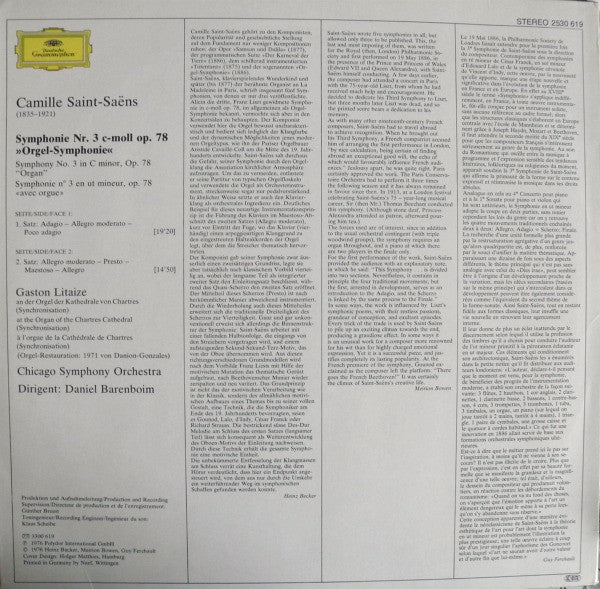 Camille Saint-Saëns – Gaston Litaize · Chicago Symphony Orchestra, Daniel Barenboim : Symphony No.3 "Organ" = „Orgel-Symphonie“ (LP, RP)