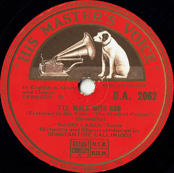 Mario Lanza : I'll Walk With God / Beloved (Shellac, 10", Single, Mono)