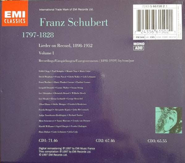 Franz Schubert : Schubert Lieder On Record 1898-1952 Volume I, 1898-1939 (3xCD, Comp, Mono, Box)