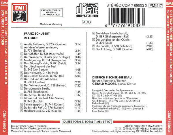 Franz Schubert - Dietrich Fischer-Dieskau : 21 Lieder (CD, Comp, RE, RM)