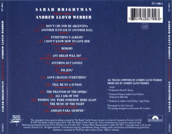 Sarah Brightman, Andrew Lloyd Webber : Sings The Music Of Andrew Lloyd Webber (CD, Comp)