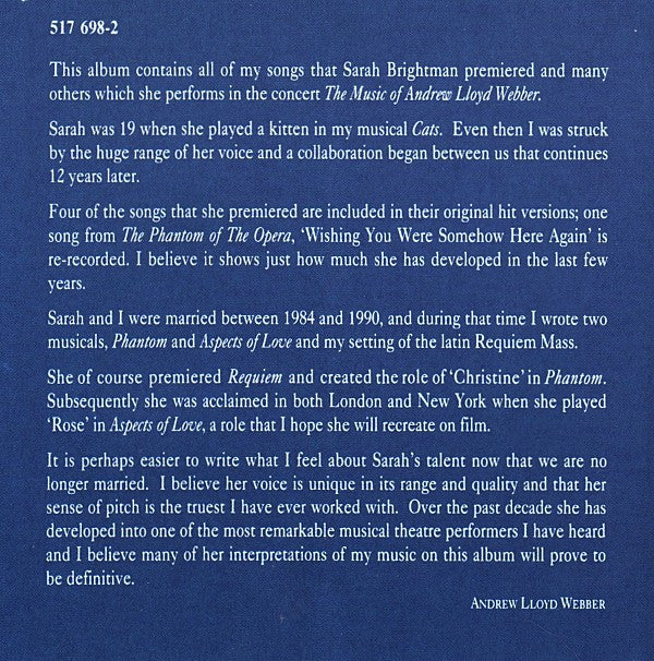 Sarah Brightman, Andrew Lloyd Webber : Sings The Music Of Andrew Lloyd Webber (CD, Comp)