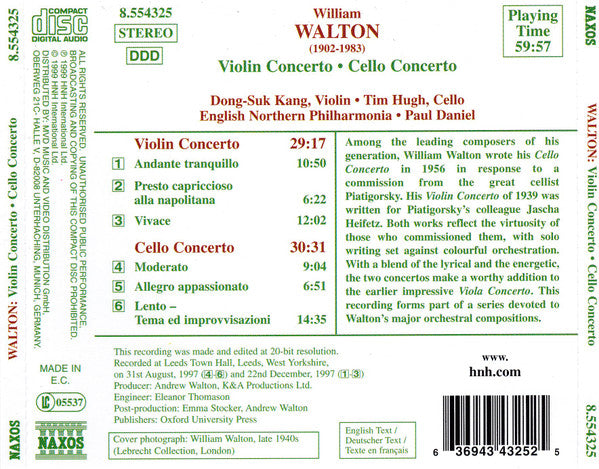 Walton* : Dong-Suk Kang, Tim Hugh, English Northern Philharmonia, Paul Daniel : Violin Concerto • Cello Concerto (CD, Album)