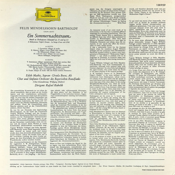 Mendelssohn-Bartholdy*, Chor* und Sinfonie-Orchester Des Bayerischen Rundfunks*, Rafael Kubelik : Ein Sommernachtstraum = A Midsummer Night's Dream = Le Songe D'une Nuit D'été (LP, RE)