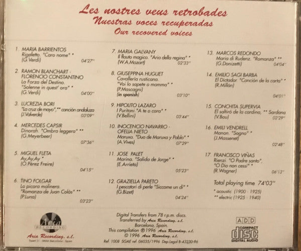 Various : Les Nostres Veus Retrobades. 1900-1950. Òpera Zarzuela Songs (CD, Comp)