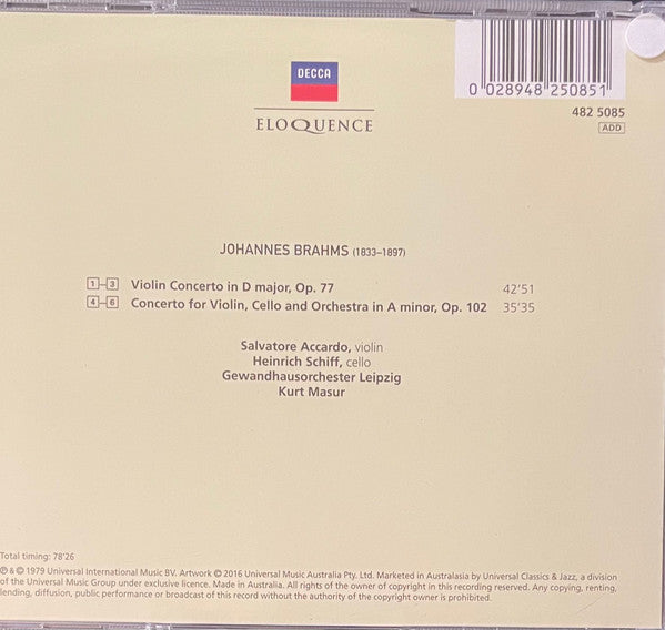 Brahms*, Salvatore Accardo, Heinrich Schiff, Kurt Masur, Gewandhausorchester Leipzig : Violin Concerto; Double Concerto (CD, Album, Comp)