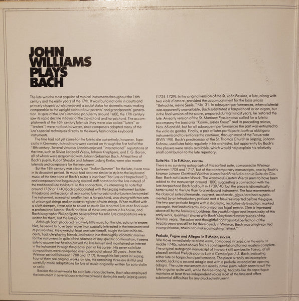 John Williams (7) :  Plays Bach The Complete Lute Music On Guitar  (2xLP, Gat)