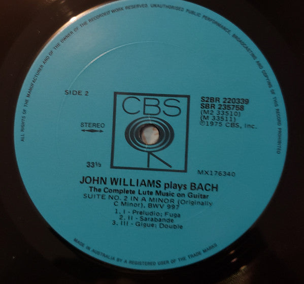 John Williams (7) :  Plays Bach The Complete Lute Music On Guitar  (2xLP, Gat)
