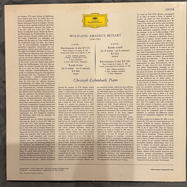 Wolfgang Amadeus Mozart • Christoph Eschenbach : Sonaten A-Dur KV 331 • C-Dur KV 330 / Rondo D-Dur KV 485 • A-Moll KV 511 (LP, RE, RP)