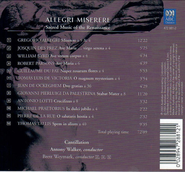 Cantillation, Antony Walker, Brett Weymark : Allegri Miserere - Sacred Music Of The Renaissance (CD, Album)