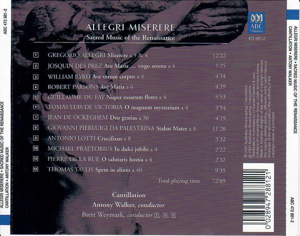Cantillation, Antony Walker, Brett Weymark : Allegri Miserere - Sacred Music Of The Renaissance (CD, Album)