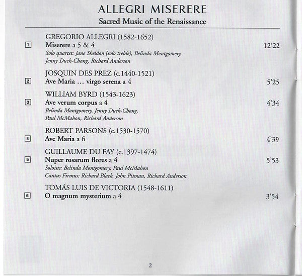 Cantillation, Antony Walker, Brett Weymark : Allegri Miserere - Sacred Music Of The Renaissance (CD, Album)