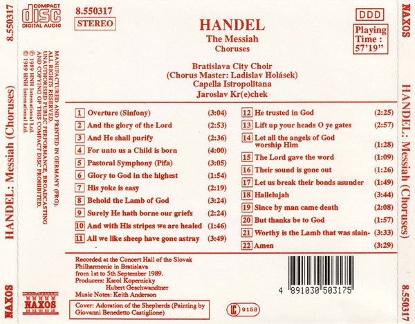 Handel*, Bratislava City Choir, Capella Istropolitana, Jaroslav Kr(e)chek* : The Messiah (Choruses) (CD, Album)