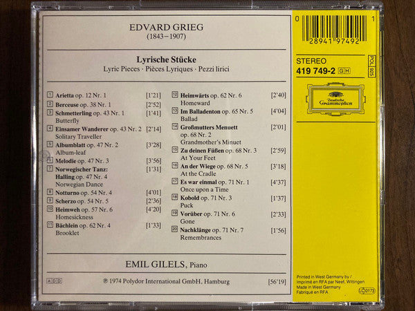 Edvard Grieg, Emil Gilels : Lyrische Stücke = Lyric Pieces = Pièces Lyriques (CD, Album, RE, PDO)