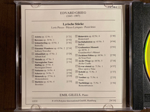 Edvard Grieg, Emil Gilels : Lyrische Stücke = Lyric Pieces = Pièces Lyriques (CD, Album, RE, PDO)