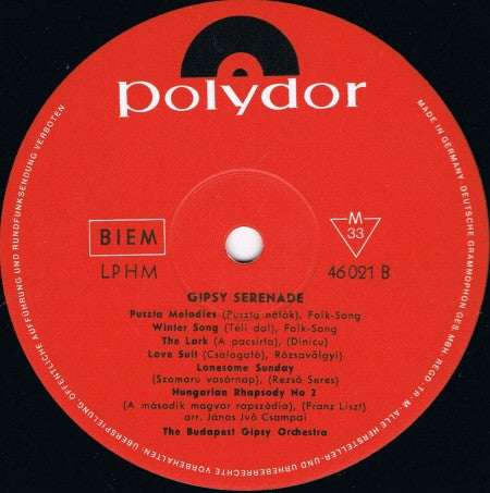 The Budapest Gipsy Orchestra : Gipsy Serenade (LP, Album, Mono)