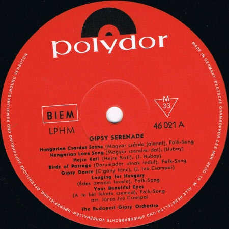 The Budapest Gipsy Orchestra : Gipsy Serenade (LP, Album, Mono)
