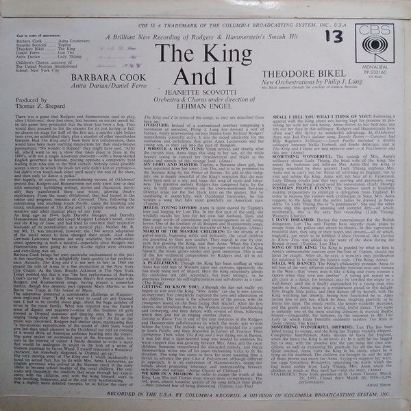 Barbara Cook, Theodore Bikel, Jeanette Scovotti, Lehman Engel : The King And I (LP, Album, Mono)
