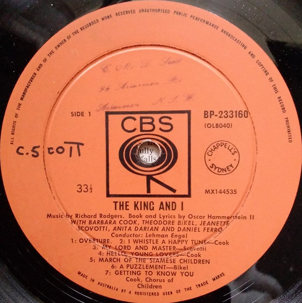 Barbara Cook, Theodore Bikel, Jeanette Scovotti, Lehman Engel : The King And I (LP, Album, Mono)