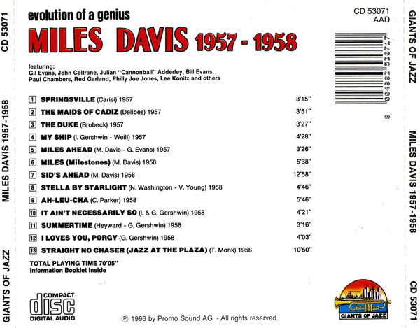 Miles Davis : Evolution Of A Genius - Miles Davis 1957 - 1958 (CD, Comp, RE)