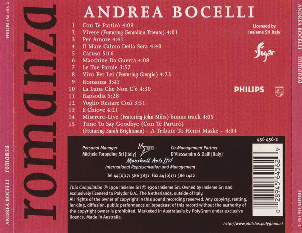 Andrea Bocelli : Romanza (CD, Album, Comp)