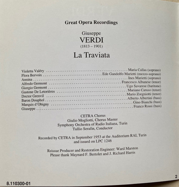 Giuseppe Verdi / Maria Callas, Francesco Albanese, Ugo Savarese, Ede Marietti Gandolfo, Mariano Caruso, Coro Cetra, Orchestra Sinfonica Di Torino Della RAI, Gabriele Santini (2) : La Traviata (2xCD, Album)