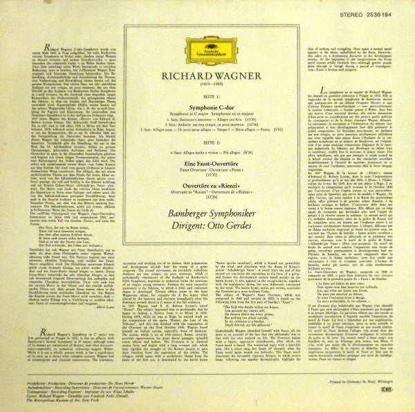 Richard Wagner - Bamberger Symphoniker · Otto Gerdes : Symphonie C-dur (In C Major) / Ouvertüren: Faust · Rienzi (LP)