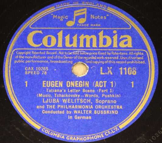 Pyotr Ilyich Tchaikovsky, Ljuba Welitsch, Walter Susskind, Philharmonia Orchestra : Eugen Onegin (Act 1) (2xShellac, 12")